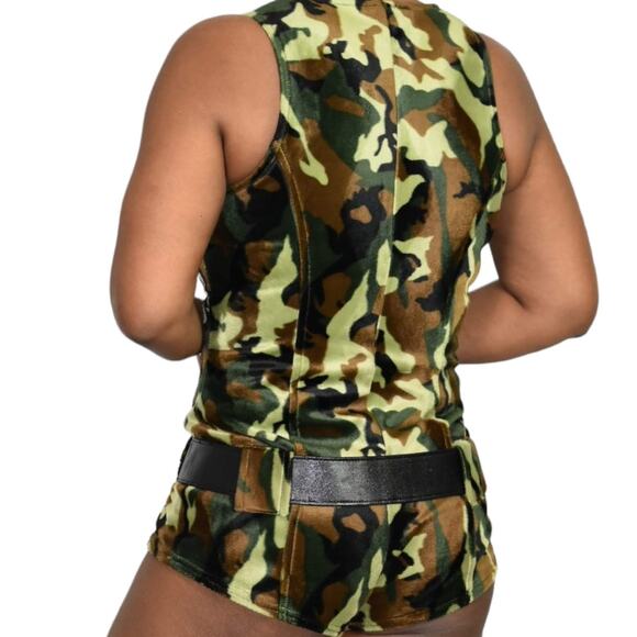 Lip Service Romper Green Vintage One Piece Furry Plush Bodysuit Camo Size Small - Picture 14 of 15
